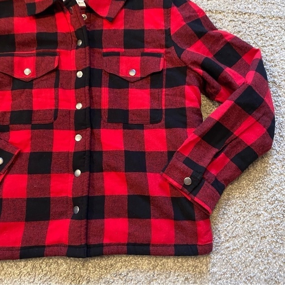 Lucky Brand Sherpa Lined Buffalo Plaid Button Down Jacket Small NEW Red Black - Picture 4 of 10